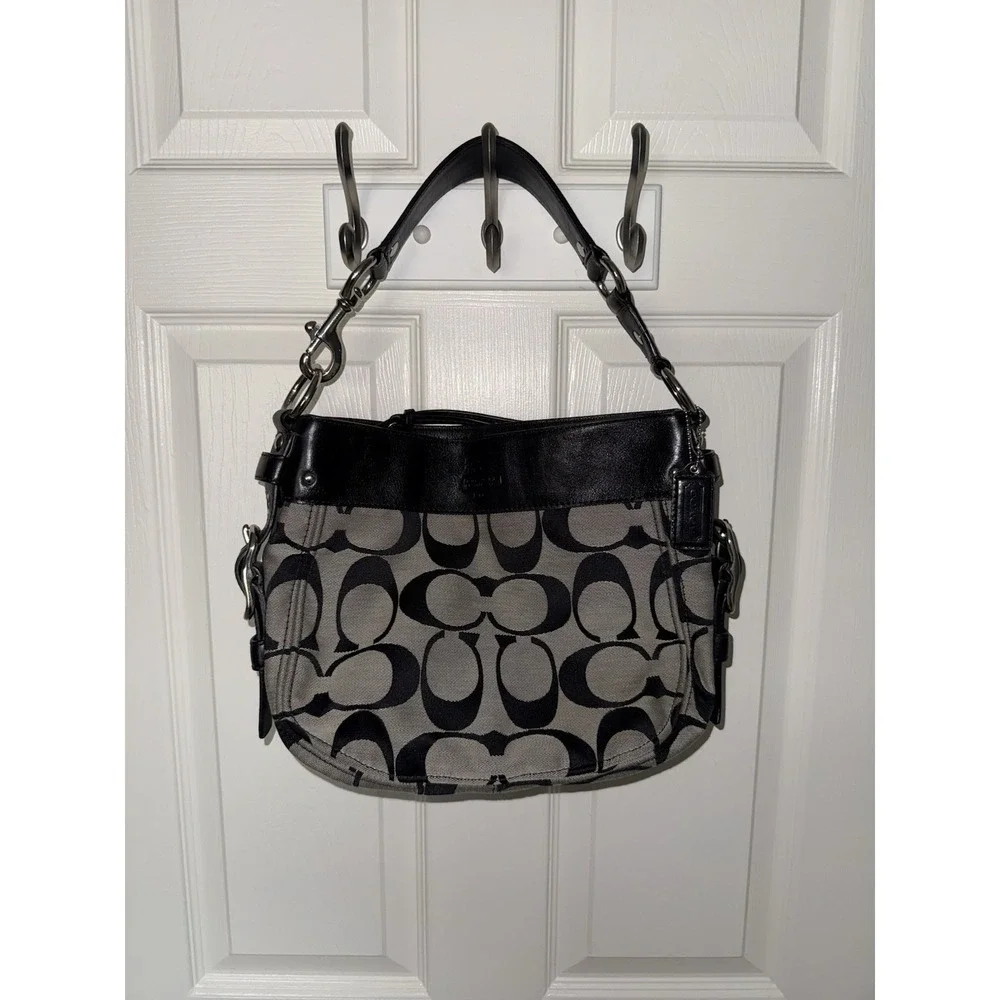 Coach Zoe Hobo Shoulder Bag Purse Black Signature C Canvas Handbag